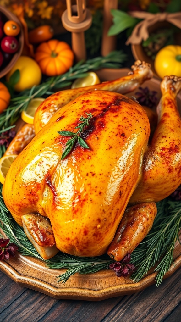 A golden roasted turkey infused with turmeric and ginger, garnished with herbs and lemon, on a rustic table.